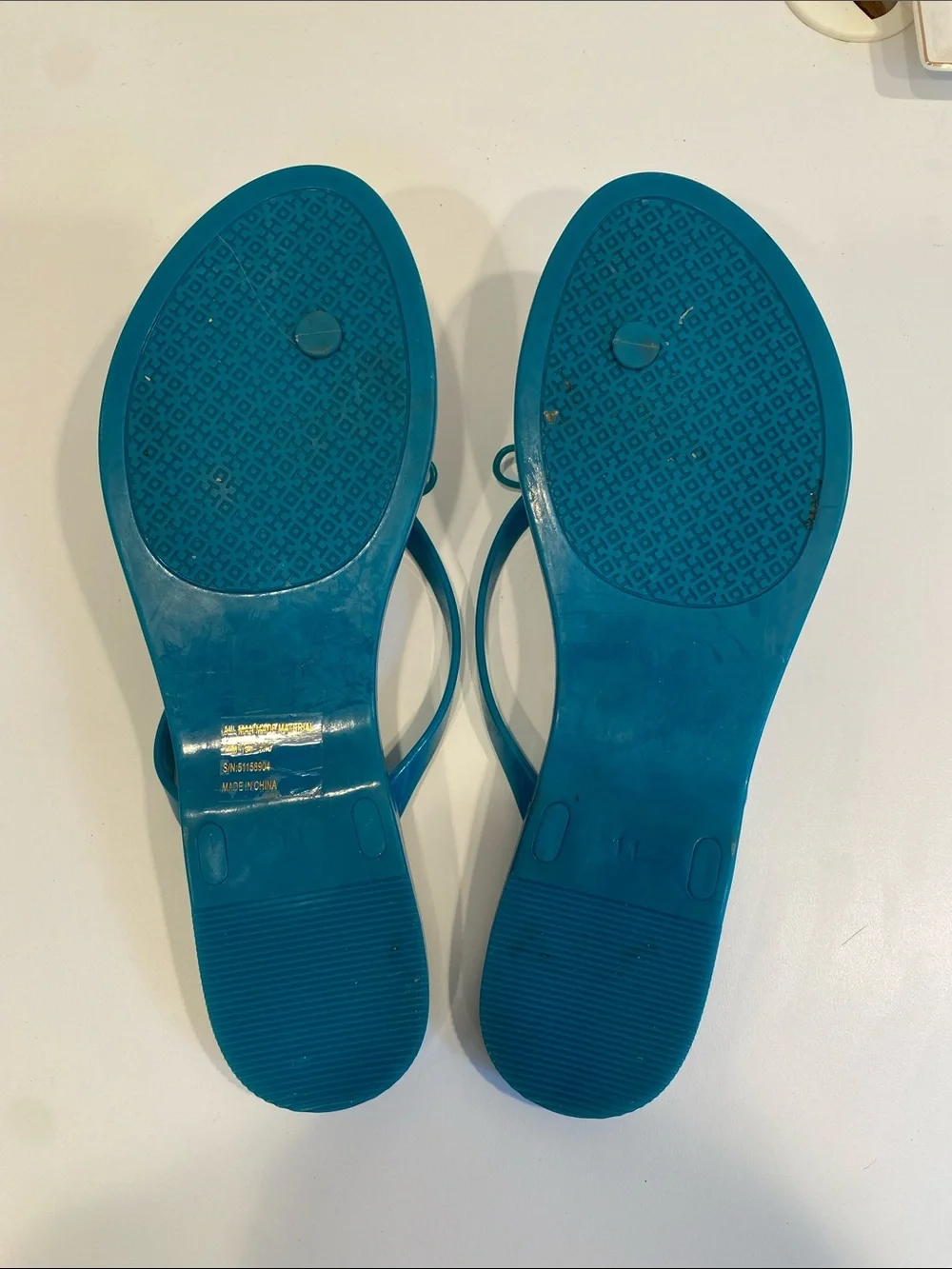 Tory Burch Teal Jelly Bow Flip Flop Sandals with Gold Logo